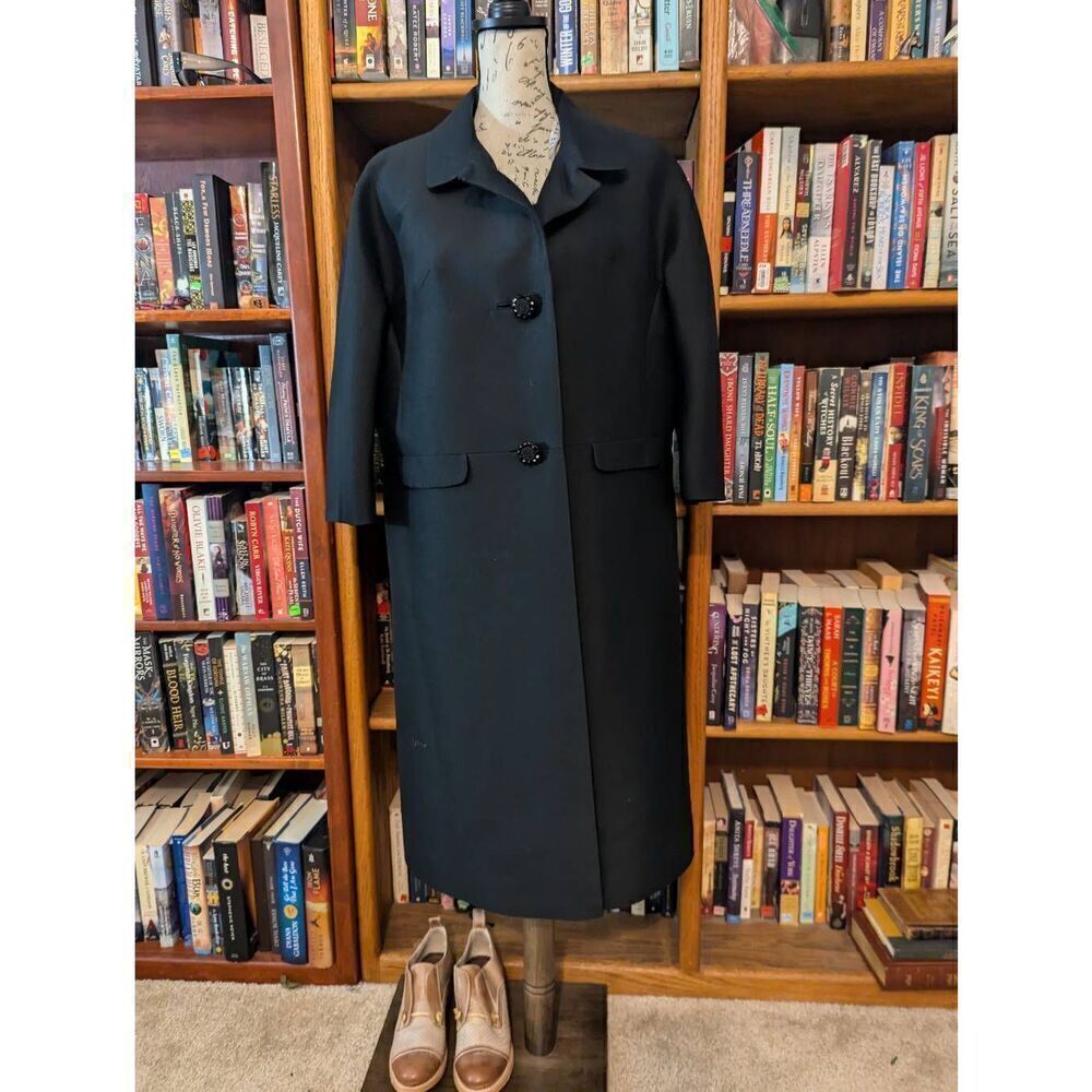 VTG 1960s I Magnin Black Wool Tailored Princess Coat Overcoat Suit Jacket M/L